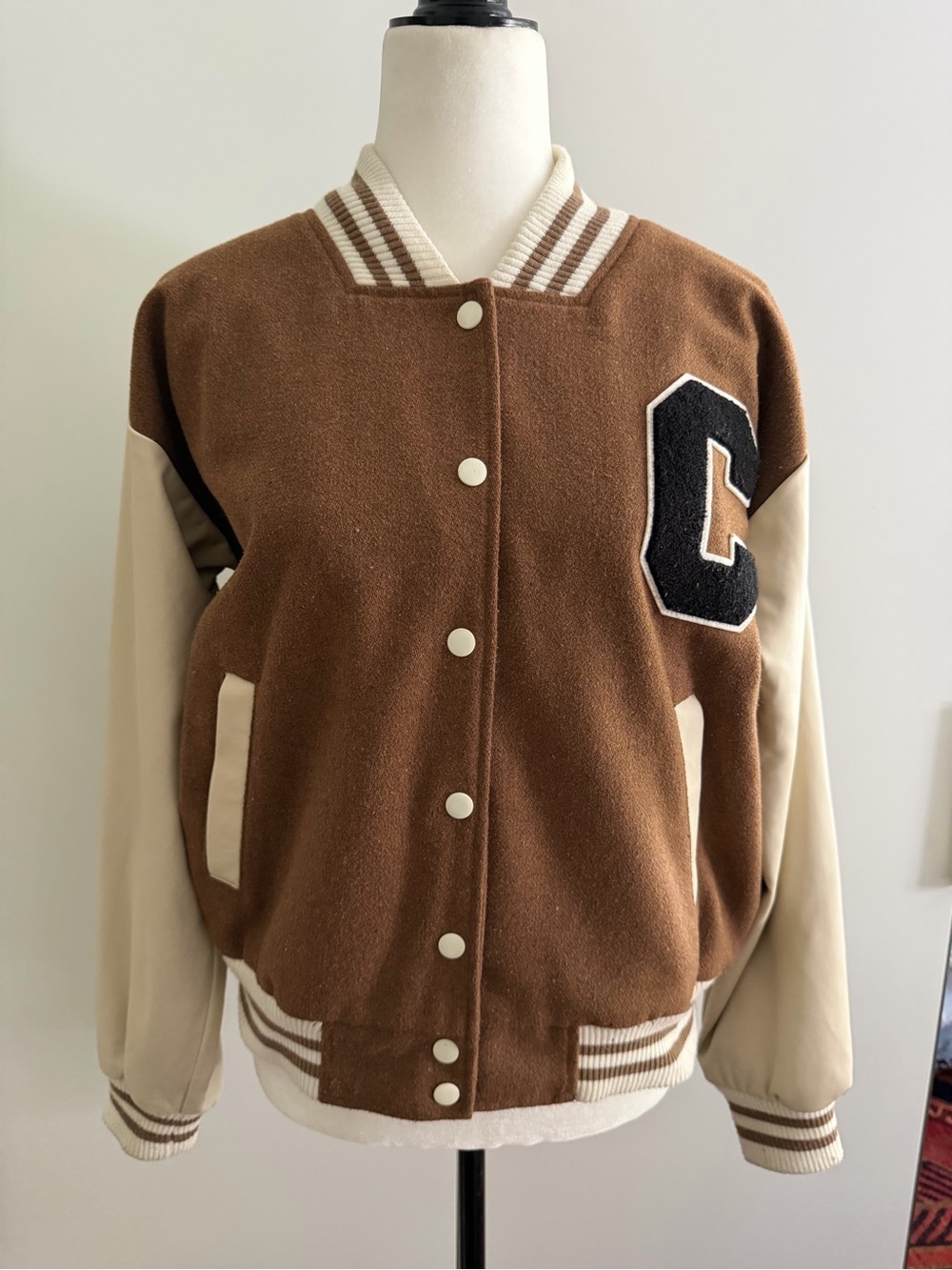 AND APRIL Brown & Cream Varsity Jacket with 'C' Patch - S/M